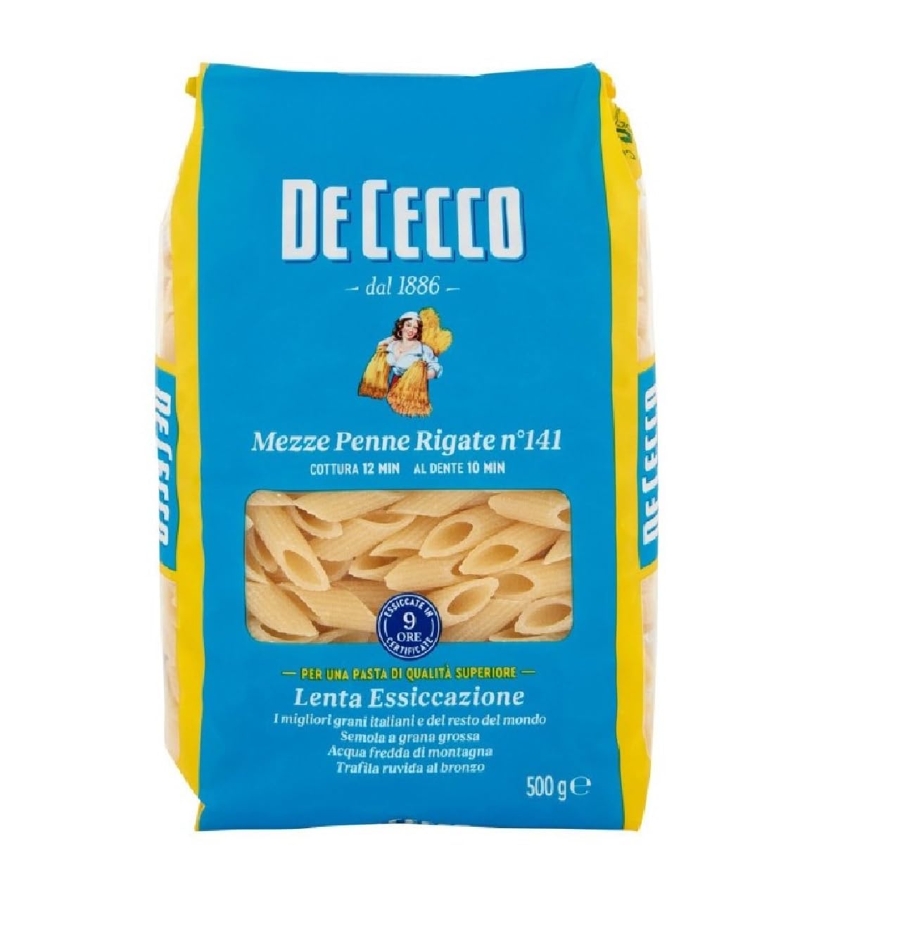 De Cecco Mezze Penne Rigate n°141, pasta 24 x 500 g, hilados de bronce y secado lento, sémola de trigo duro de calidad, cocción 12 min (al diente 10) ideales salsas & gratins + italian Gourmet polpa