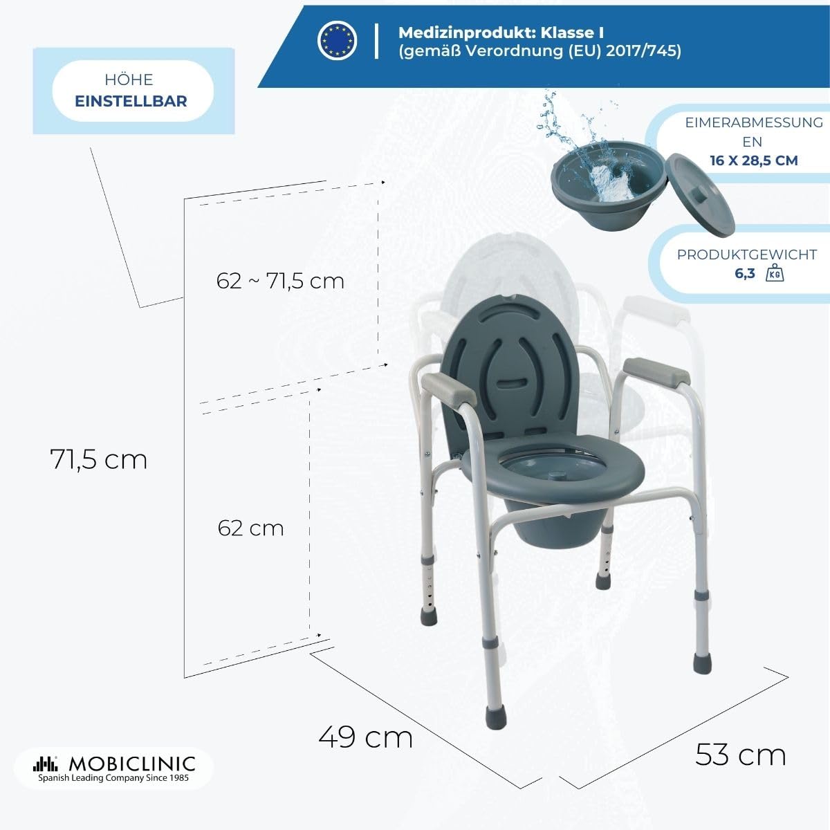 Mobiclinic®, Toilettenstuhl, Mit Deckel, Herausnehmbarer Eimer, Verstellbar in 5 höhen, Modell Arroyo, rutschfeste fußkappen, Armlehnen, Trägt bis zu 100 kg, Stuhl Toilette, Stahl