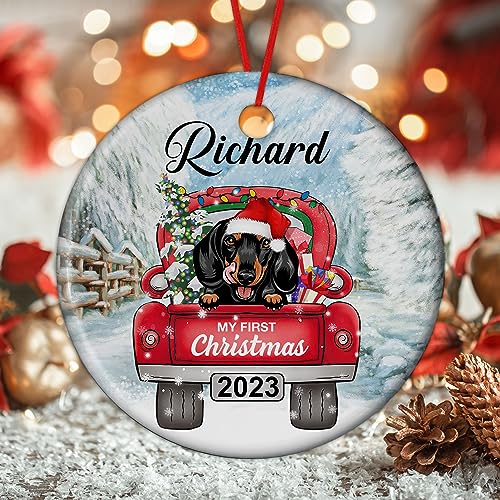 Prezzy Personalized Dachshund Gifts for Dog Lovers My 1st Christmas 2023 Ornament Vintage Red Truck Custom Pet Name Gifts for Family Friends Hanging Keepsake 3'' Circle Ceramic Ornaments