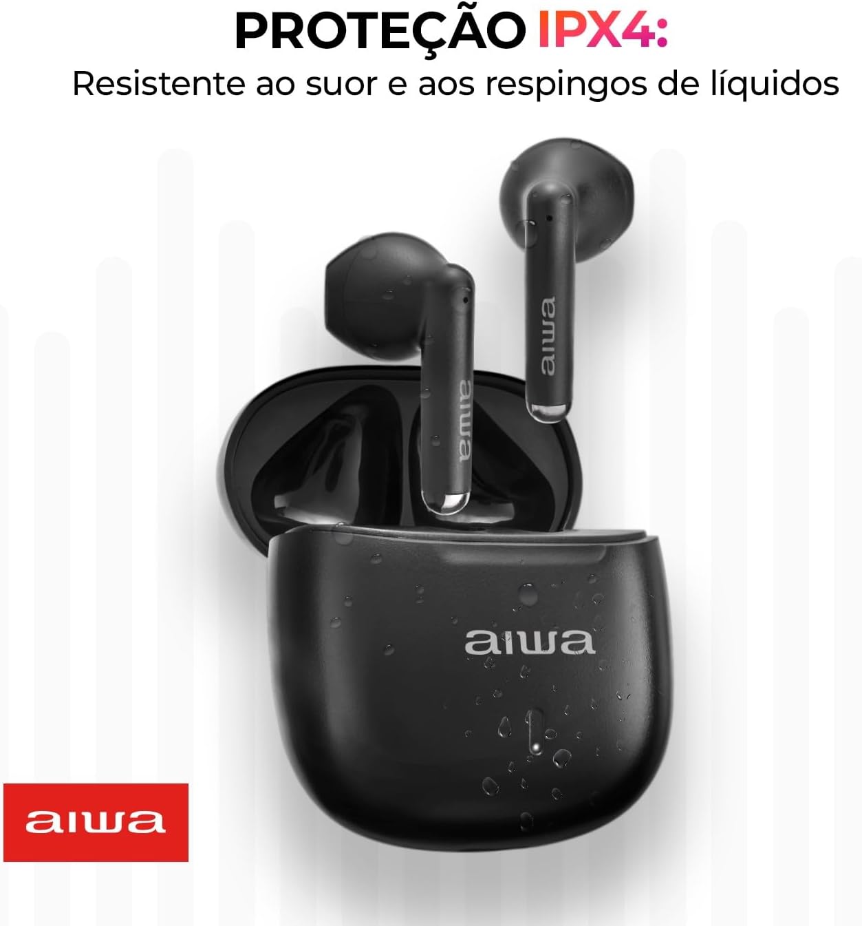 Aiwa EB-05-B Earbuds with water splashes, illustrating IPX4 protection