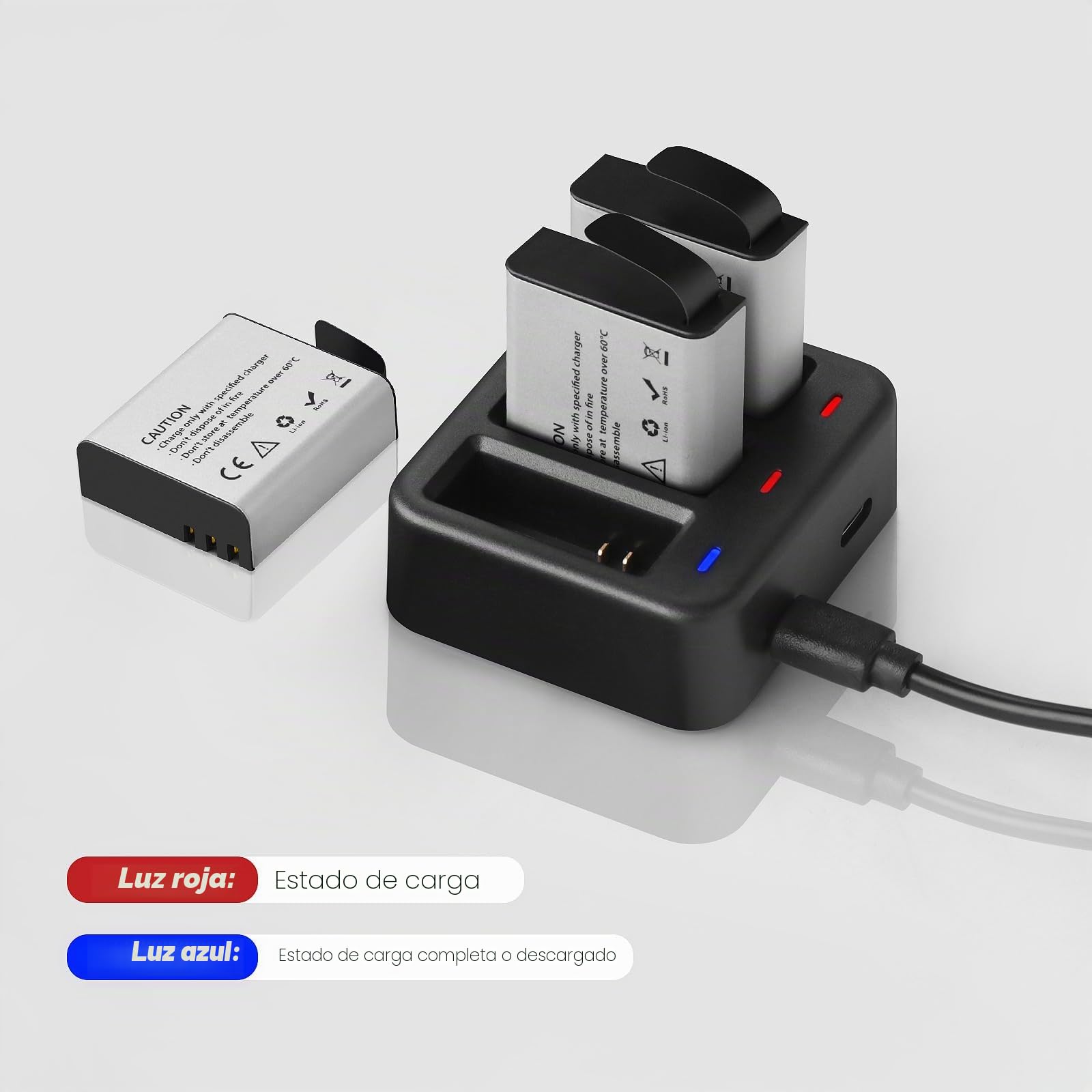 Bateria Camara Deportiva, 3 x 1350mAh Batería Recargable con 3 Canales Cargador Compatible con AKASO brave4/v50x/brave6/EK7000, Apexcam, COOAU, Dragon Touch, Exprotrek, EKEN, PG1050, S009R