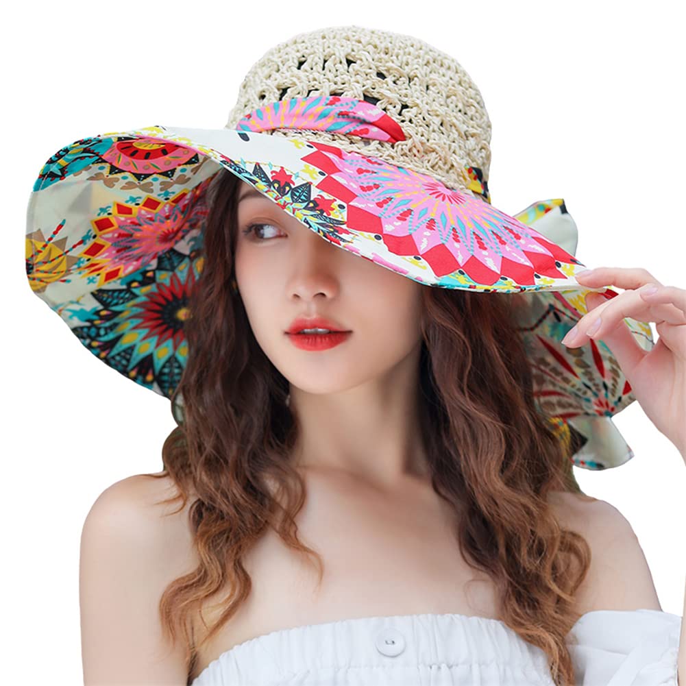 Summer Anti-UV Wide Brim Beach Hats Women Flower Floppy Foldable Roll up Cap