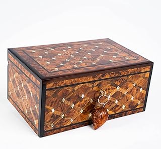 Hand Carved Wooden Box Keepsake Box Storage Jewelry Decorative Art Organizer Thuya Burl and Inlaid with Ebony Wood and Mother of Pearl(Large Wood Box,Antique) (With lock 2x-Large)