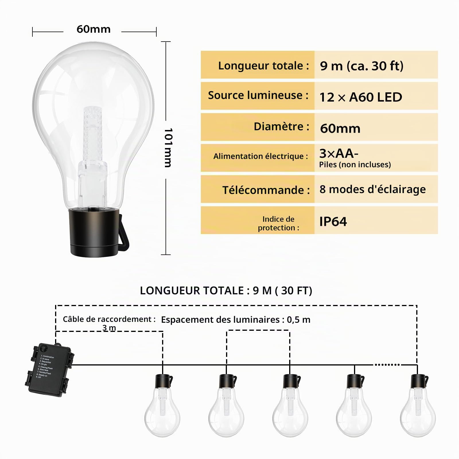 Guirlande lumineuse d'extérieur avec batterie minuterie 9 m,12 ampoules A60 LED,Télécommande,Avec 8 modes,IP64,Pour intérieur de Noël, fenêtre, escaliers, jardins, pavillons, mariages
