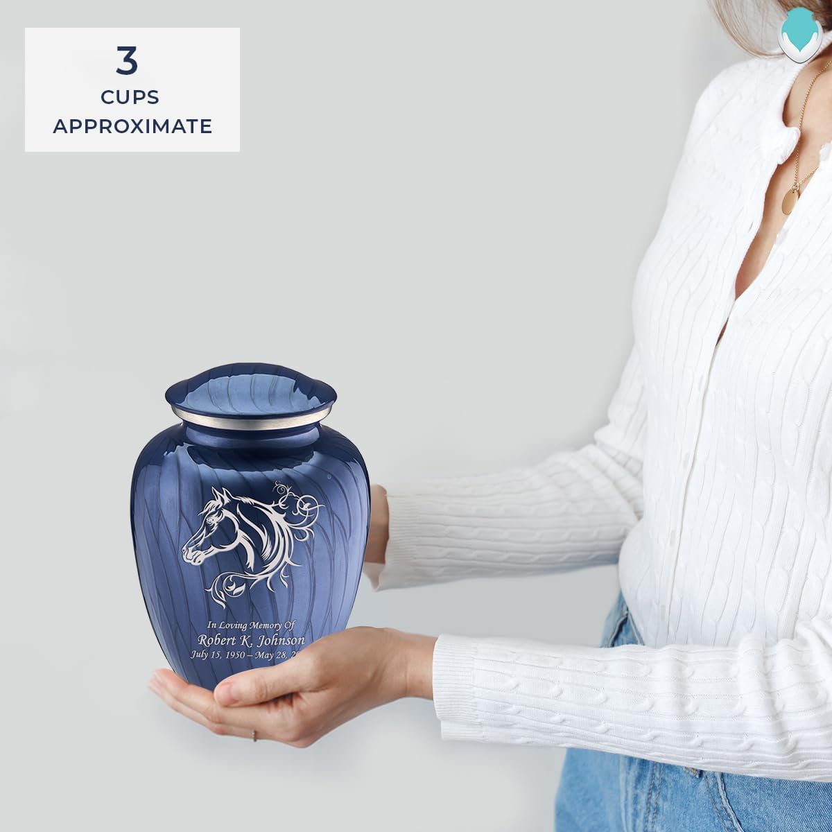 Geturns Embrace Small Personalized Horse Cremation Urns for Human Ashes I Pearl Cobalt Blue Funeral Urn for Men and Women I 44 lbs