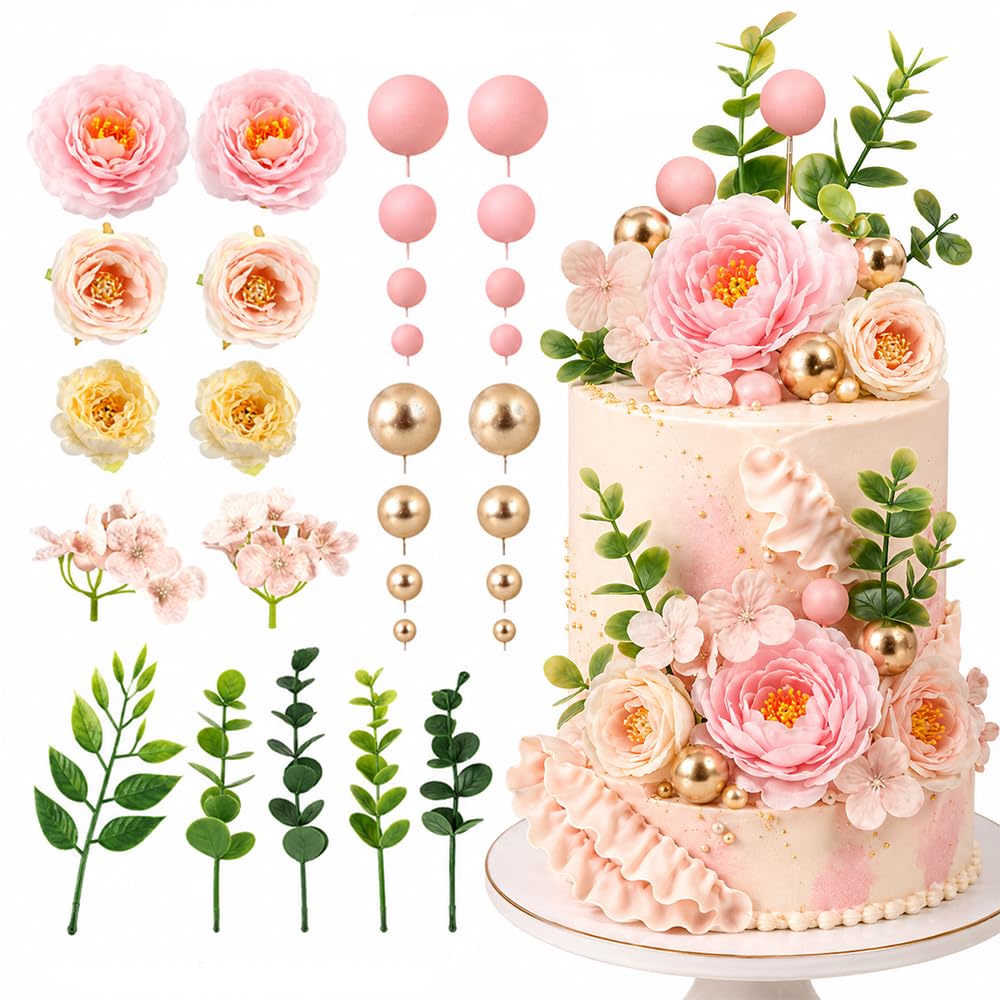 Dallys Pink Gold Artificial Flower Cake Topper Set, Fake Peony Rose