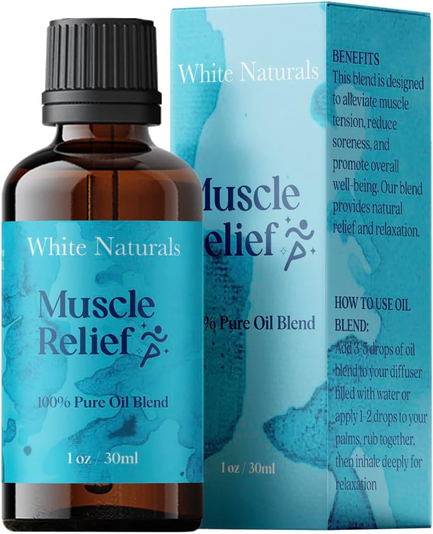 White Naturals Muscle Relief Essential Oil Blend – Natural Soothing Oil for Sore Muscles & Joint Discomfort, 100% Pure & Therapeutic Essential Oils for Relaxation, 1oz