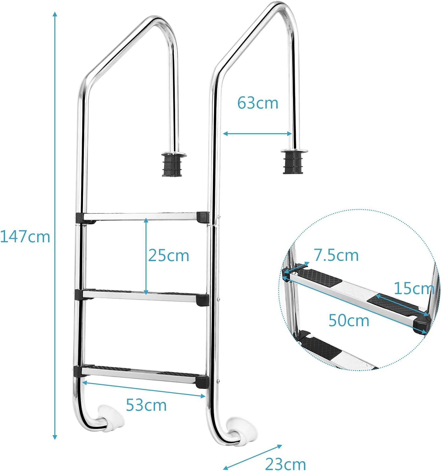 RELAX4LIFE Escalera de Piscina de Acero Inoxidable de 3 Niveles con Pasamanos, Escalera de Entrada de Piscina con Almohadillas Antideslizantes, Carga 150 kg, 63x53x147cm, Plateado