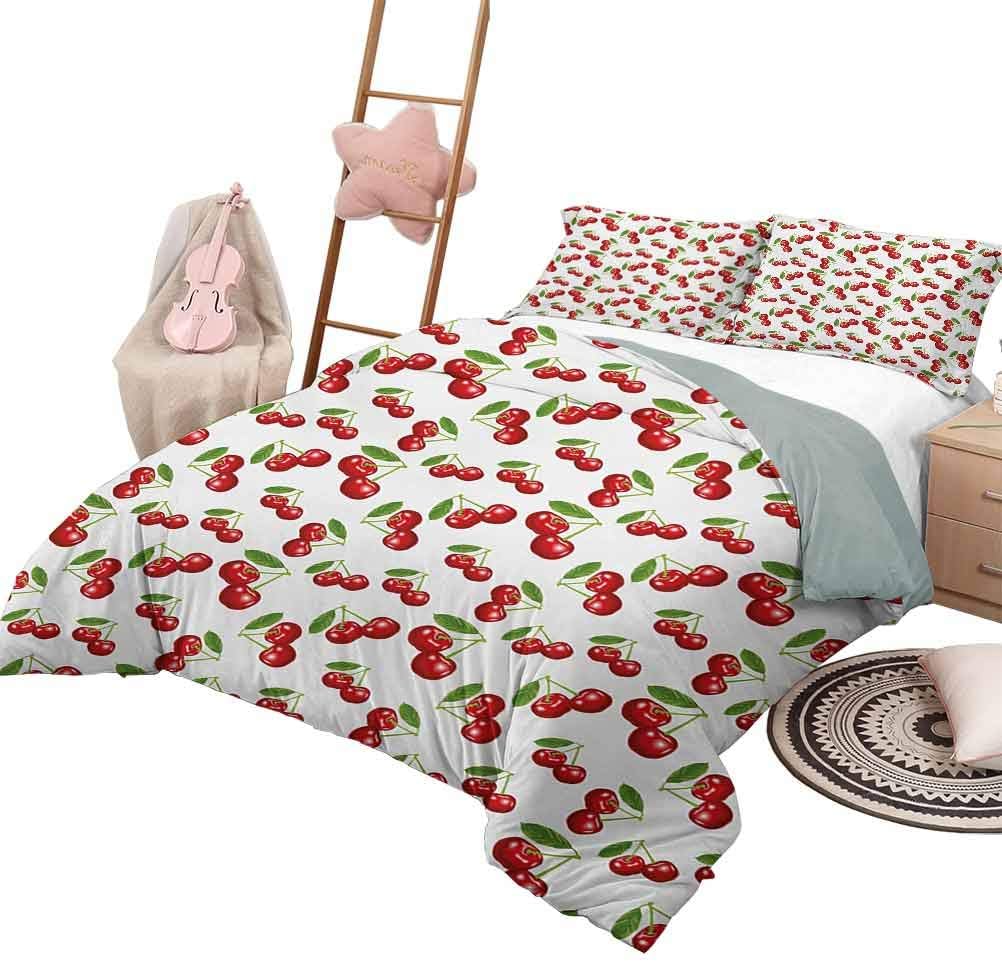 Kitchen Hotel Luxury Bed Sets Cherry Pattern Design Fresh Berry Fruit Summer Garden Macro Digital Print Comforter Cover with Zipper Red Green and White with 2 Pillow Shams, King Size
