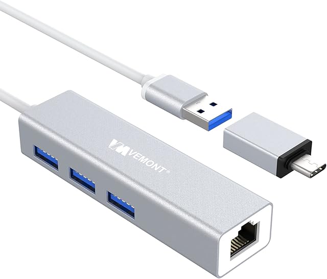 USB 3.0 Hub with Ethernet Adapter,VEMONT Aluminum USB Type C to RJ45 Gigabit Network LAN Port & 3 USB 3.0 Ports,USB Splitter with Type C Adaptor Compatible for Mac, Chromebook,Surface,other PC/Laptop