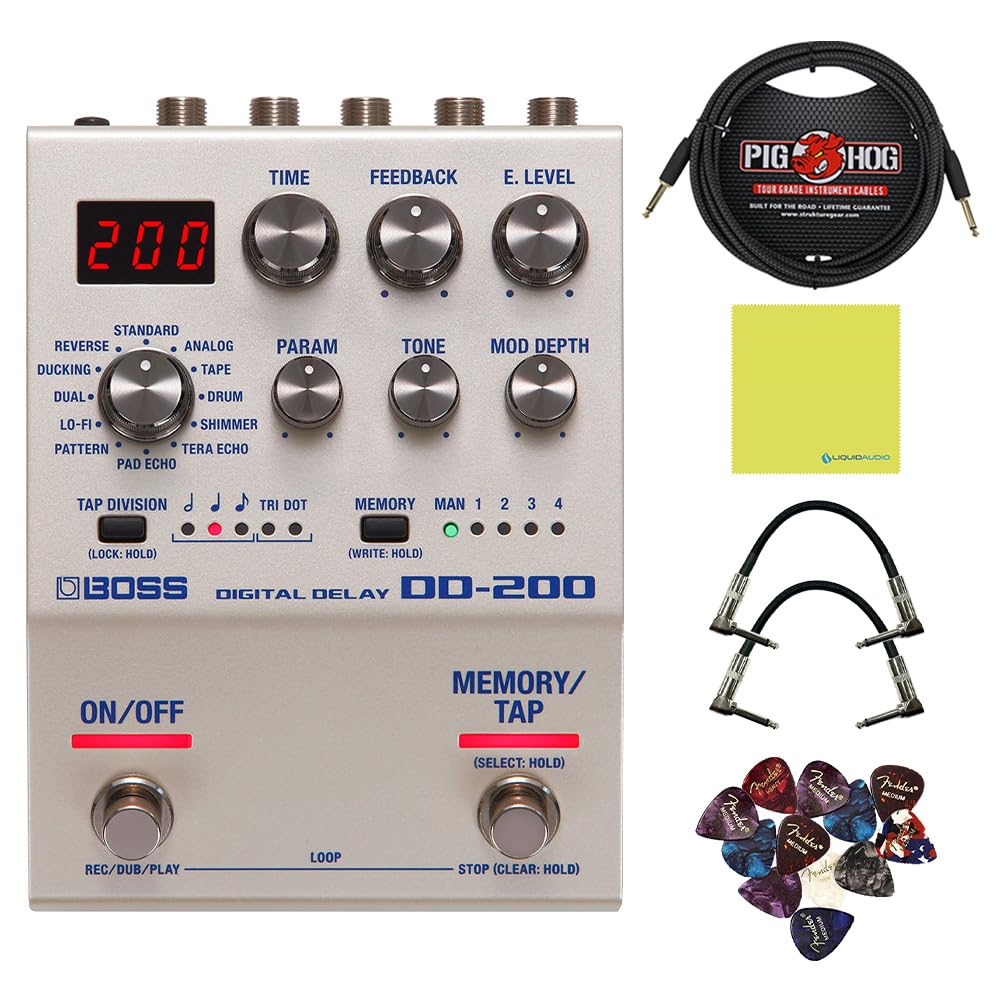 Boss DD-200 Digital Delay Pedal Bundle with 2X Right Angle Patch