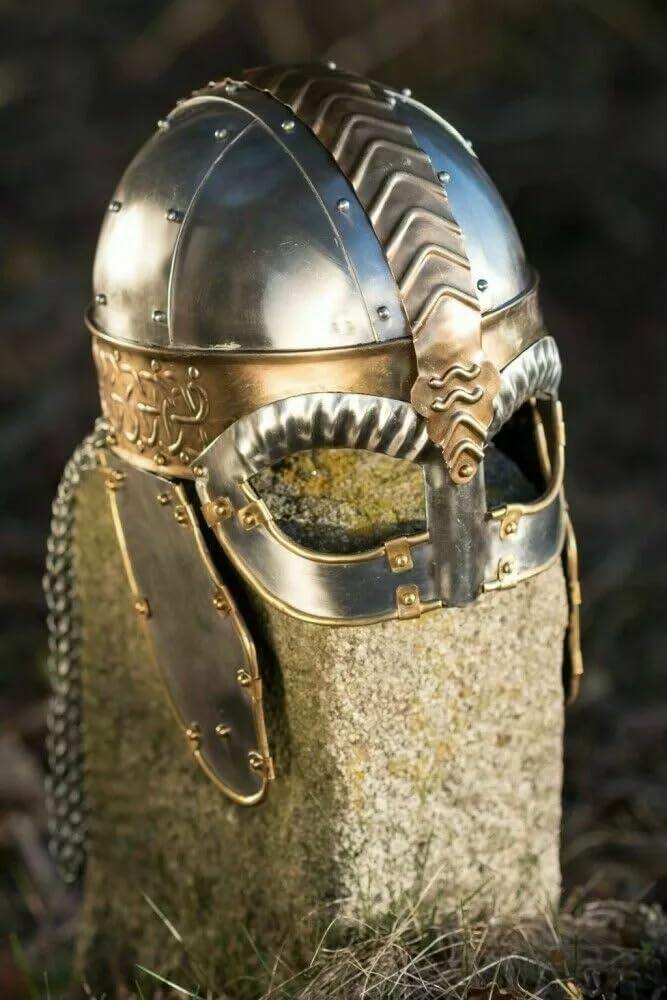 Medieval Viking Norman Helmet, Steel and Brass Construction, Chainmail Design with Celtic Style Decorations, Adult Size, Historical Costume Accessory