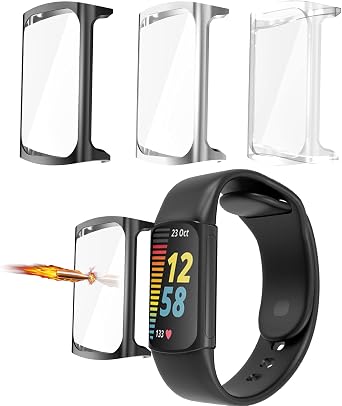 3 Pack Compatible with Fitbit Charge 5 Screen Protector Case,JZK Soft TPU Plated Case All-Around Protector Screen Cover Bumper Compatible for Fitbit Charge 5 SmartWatch Accessories,Black+Clear+Silver