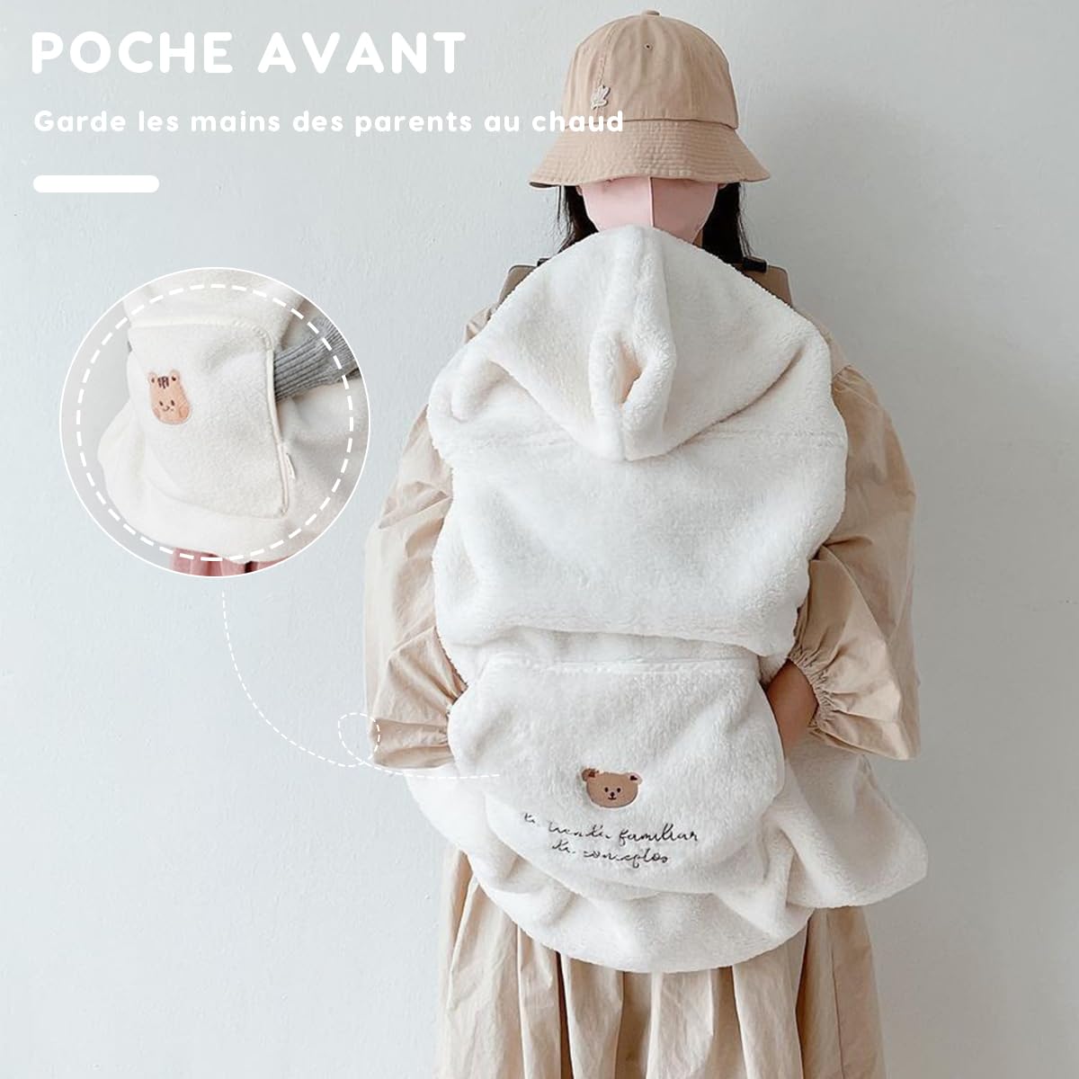SONARIN Mignonne Couverture pour Porte Bébé,Chaude Coupe-Vent Housse de Porte-Bébé Hiver avec Capuche,Universelle Cape de Transporteur Chancelière avec Poche Avant(Ours)