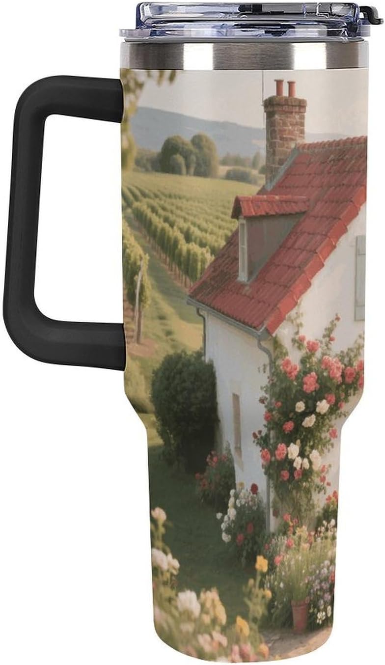 40 Oz Stainless Steel Tumbler with Straw - Leakproof Lid | BPA-Free | Cup Holder Friendly, French Country Coffee Cup Vacuum Insulated Travel Mug for Hot & Cold Drinks