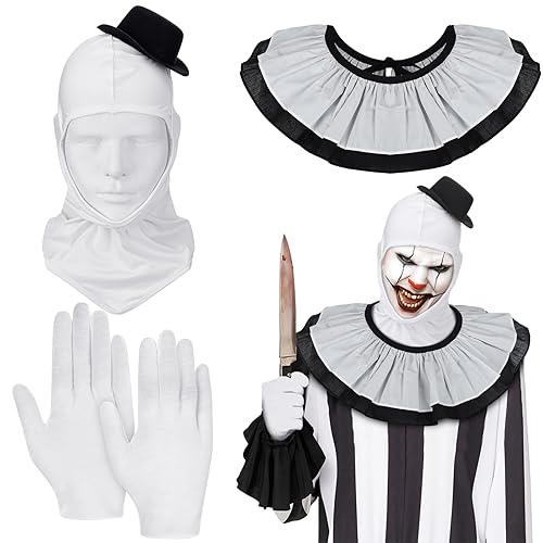 Yahenda 4 Pcs Halloween White Clown Costume Men Horror Clown Costume Accessories Include Open Face Mask Mini Top Hat Collar and Gloves for Adults Cosplay Party