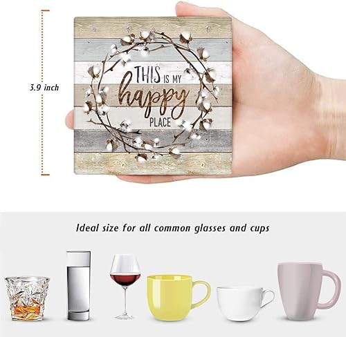 Miniatura 2 de Britimes Juego de 6 posavasos para bebidas, tapete cuadrado absorbente de madera desgastada, con base de corcho y soporte de metal, regalo para