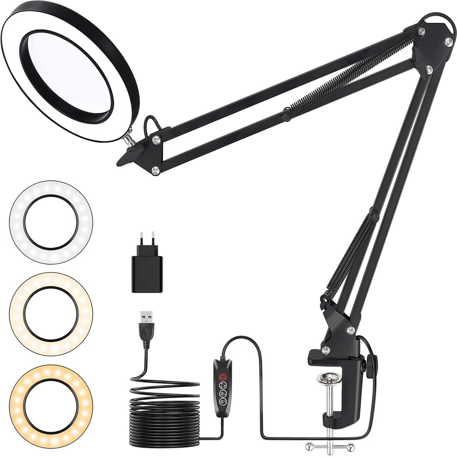 15X Lupenlampe mit Klemme – LED Schreibtischlampe mit 72 LEDs, 3 Lichtmodi & 10 Helligkeitsstufen, Echtglaslinse 4,3", Extra Langer Schwenkarm, Lupenleuchte für Basteln, Lesen & Elektronik