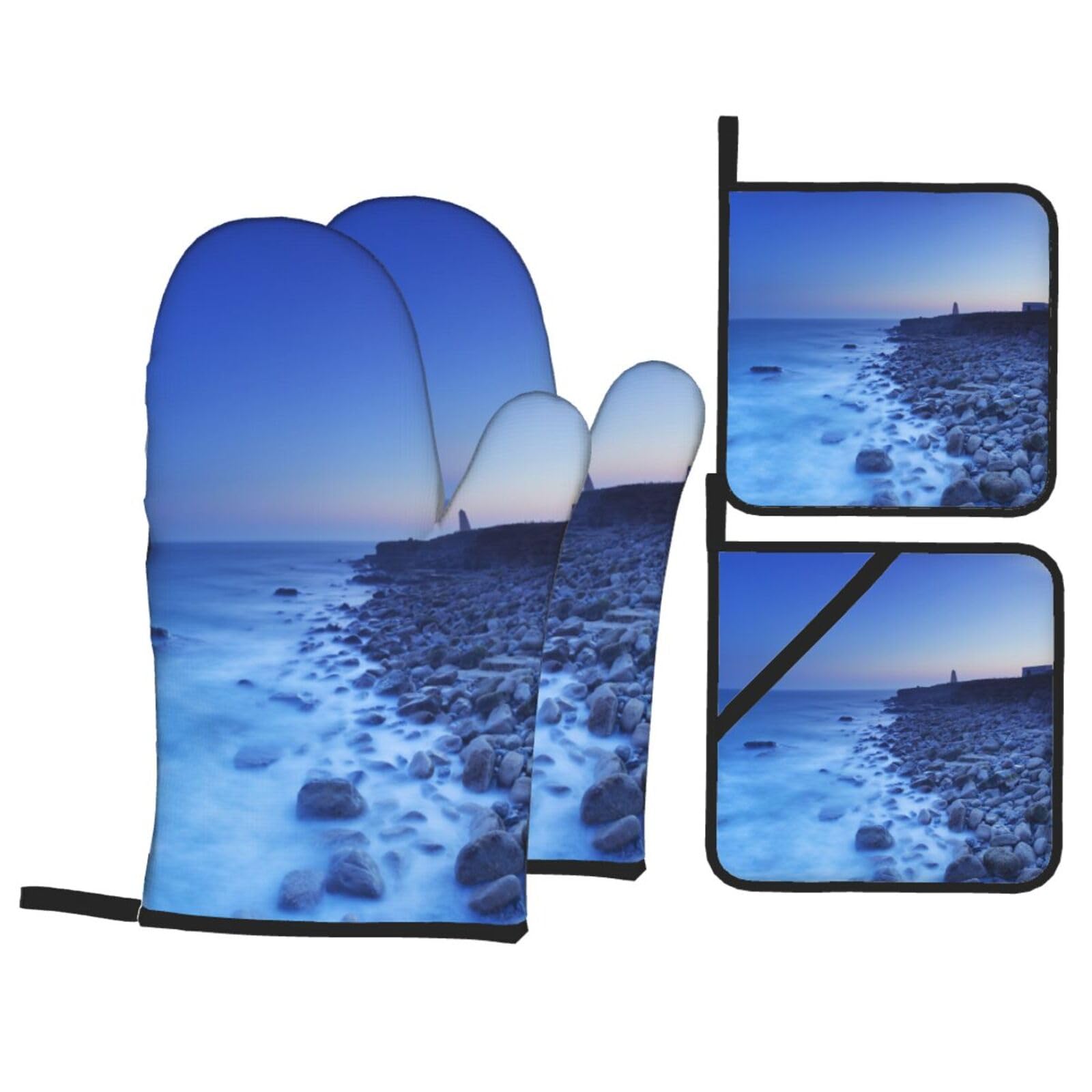 The Seaside Lighthouse Print Stylish Heat-Resistant Oven 4-Piece Set Kitchen Gloves Roasting Daily Cooking