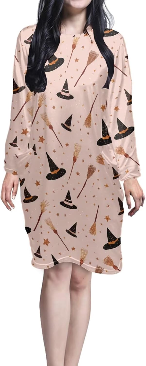 Gomyblomy Long Sleeve Nightgown for Women Plus Size Nightshirts Pink Halloween Sleepwear Cute Sleep Dress with Pockets