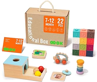 TOOKYLAND Montessori Toys for Babies 6-12 Months, 7 in 1 Learning Educational Set Wooden Toys (Includes Baby Rattle, Object Permanence Box, Wooden Book, Teething Toy and More)