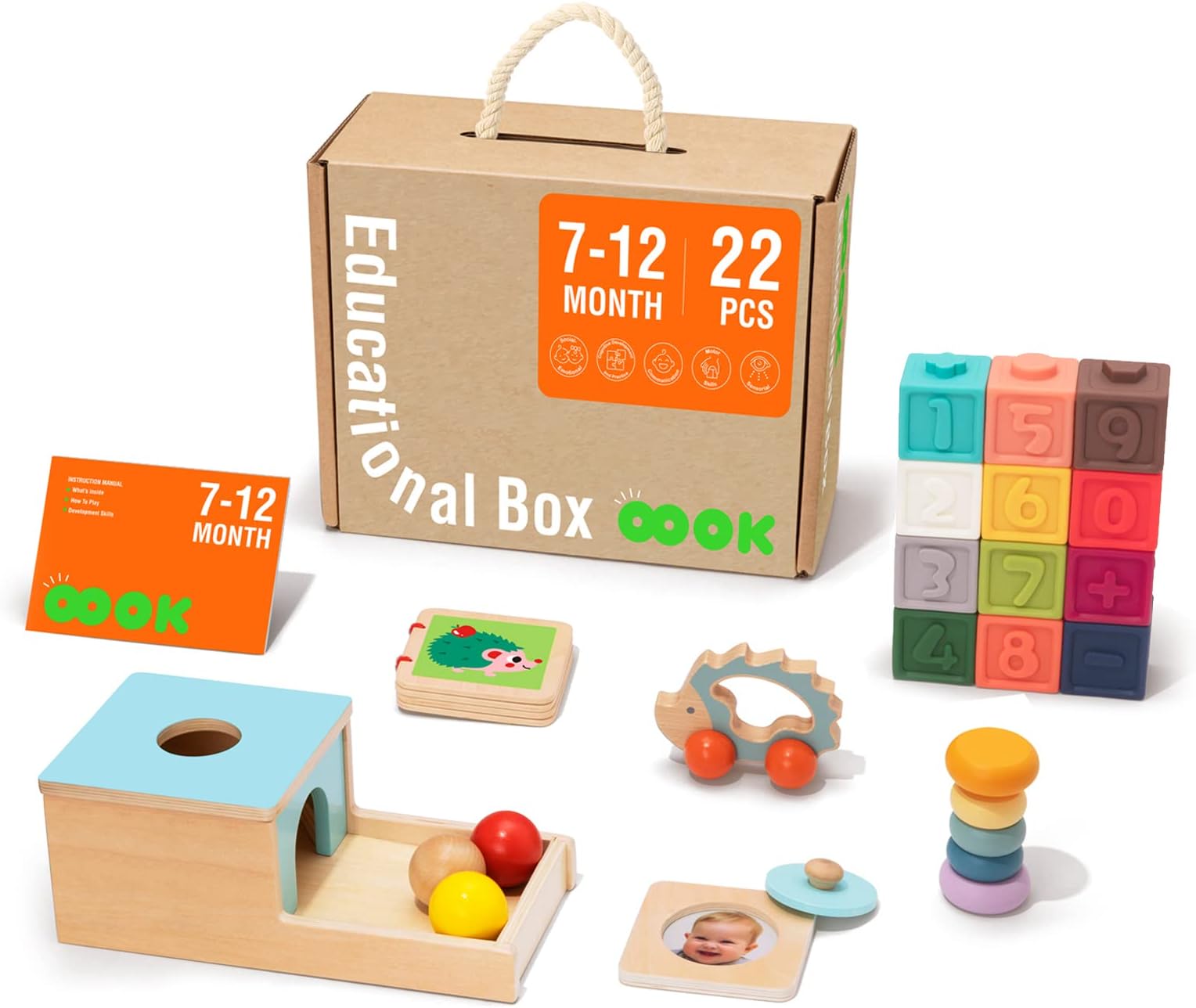 TOOKYLAND Montessori Toys for Babies 6-12 Months, 7 in 1 Learning Educational Set Wooden Toys (Includes Baby Rattle, Object Permanence Box, Wooden Book, Teething Toy and More)