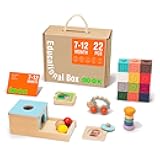 Montessori Toys for Babies 6-12 Months, 7 in 1 Learning Educational Set Wooden Toys (Includes Baby Rattle, Object Permanence Box, Wooden Book, Teething Toy and More)