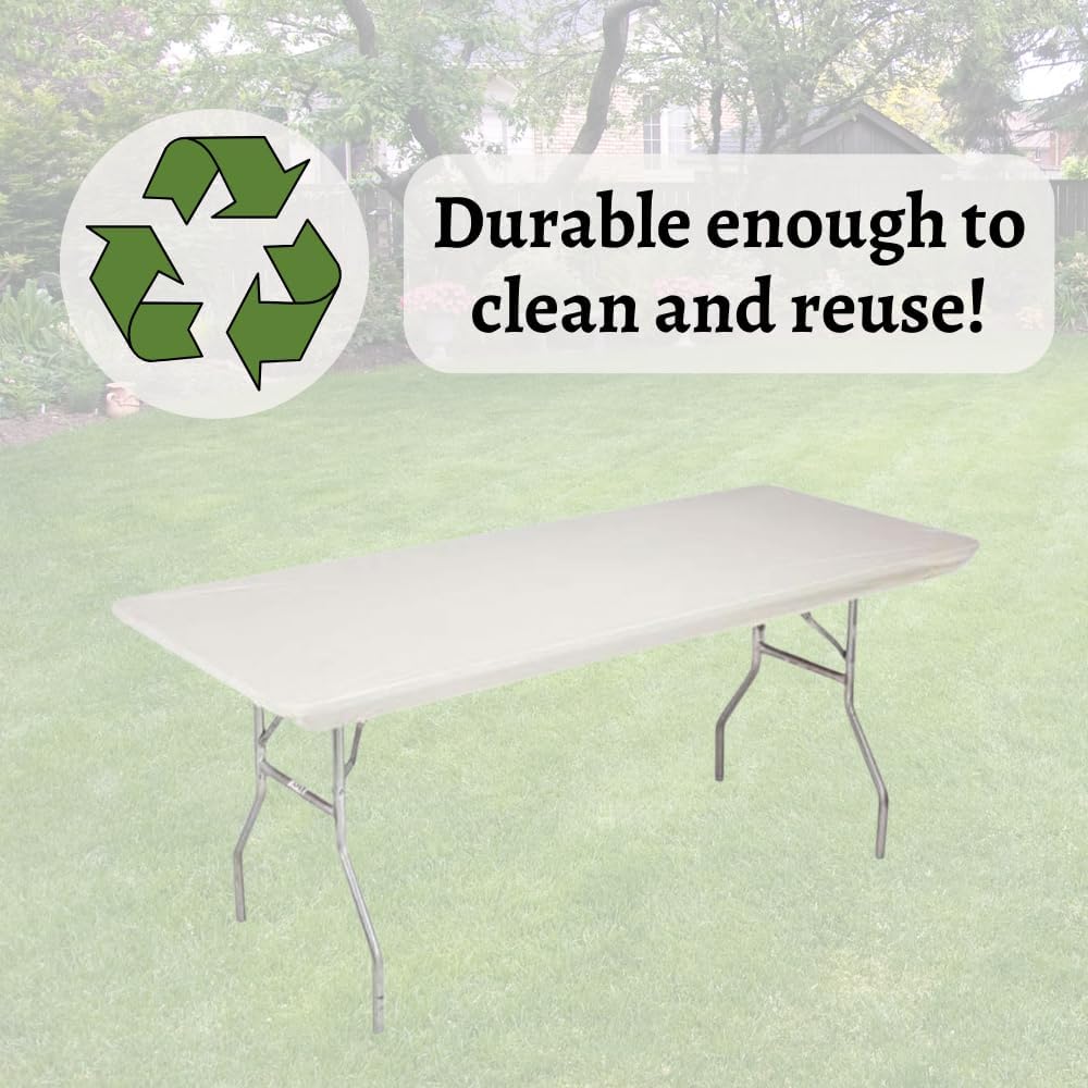 Kwik-Covers 6' Rectangular Plastic Table Covers Bundle of 5 with 70 Paper Napkins - Indoor or Outdoor Fitted Table Covers (30" x 72" Ivory)