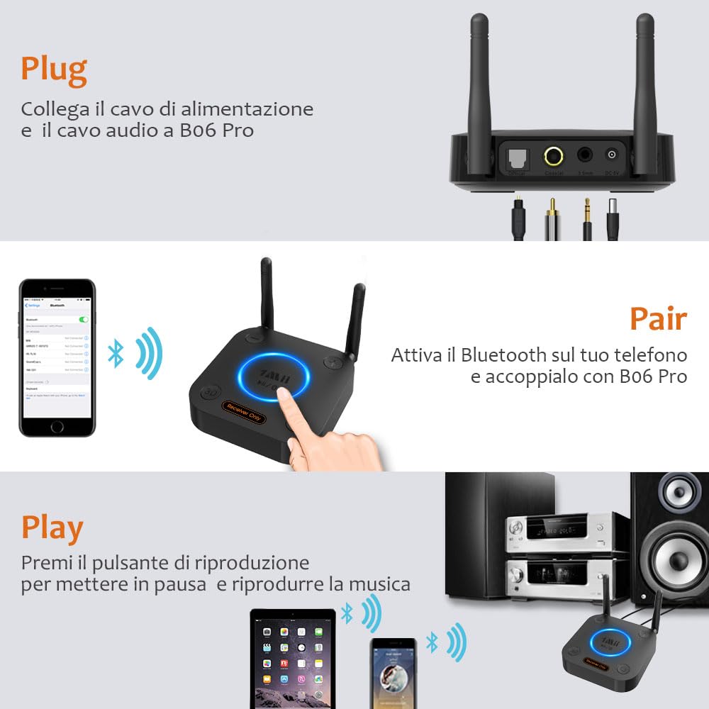 1Mii Ricevitore Bluetooth 5.3 HiFi, Adattatore Audio aptX Bassa Latenza Uscita Ottica Coassiale AUX RCA per Amplificatore