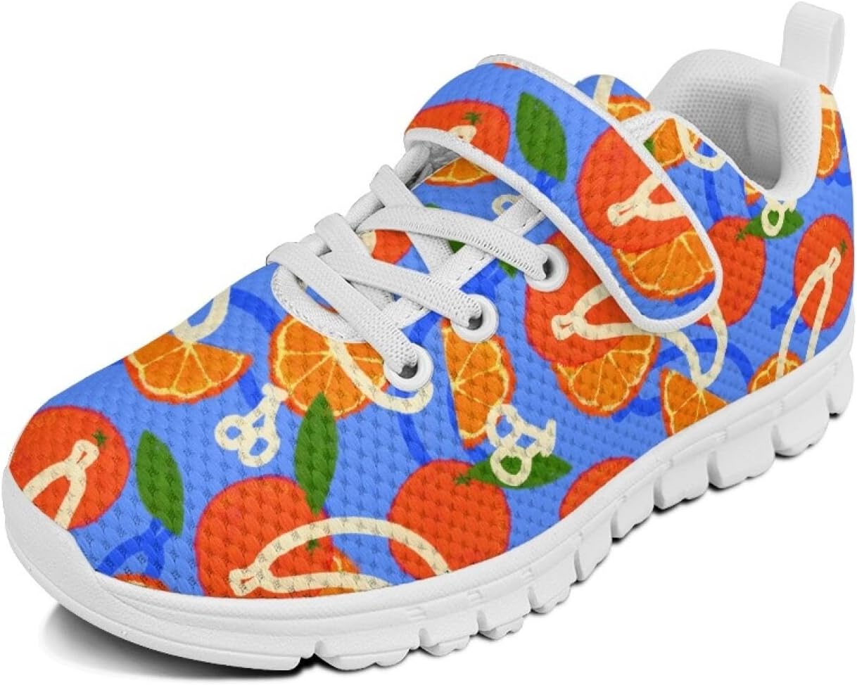 Kids Running Shoes Girls Fruit Long-Distance Activities Safe Walking Lace Up Tennis Gym Shoes Girls Long-Distance Walking Sneakers School Outdoor Daily Footwear Funny Blue White