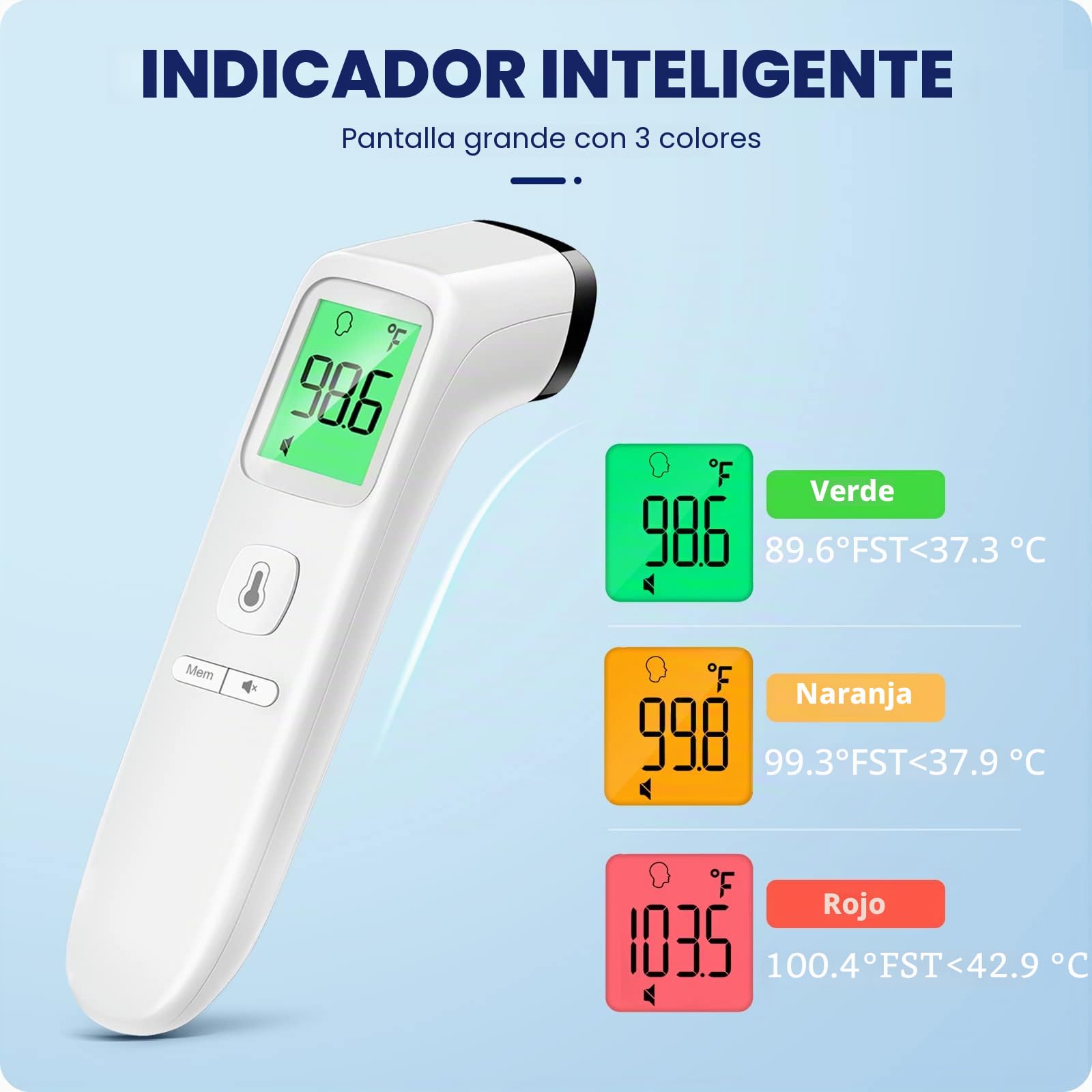 Termómetro de frente, termómetro para bebés y adultos con alarma de fiebre, pantalla LCD y función de memoria, ideal para toda la familia (blanco)