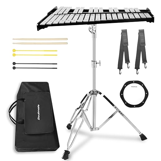 Soulmate Professional Glockenspiel Xylophone 32 Notes with Drum Pad, Complete Percussion Kit for Adults & Beginners Adjustable Stand, Drum Sticks, Carrying Bag - Ideal for Practice & Performance