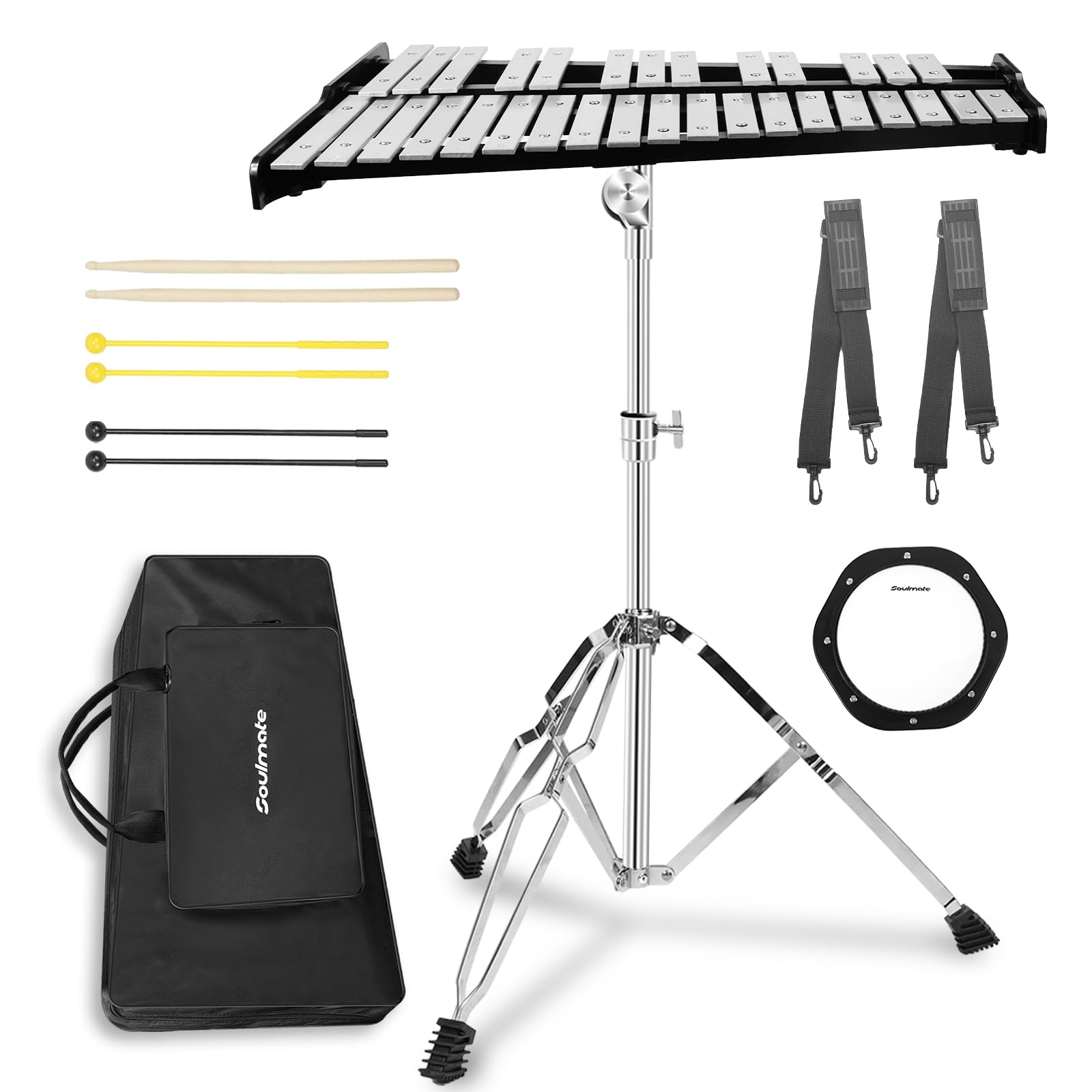 Soulmate Glockenspiel Xylophone Professional 32 Notes Percussion Glockenspiel Kit for Adults &amp; Beginners with Drum Pad, Adjustable Stand, Drum Sticks, Carrying Bag - Ideal for Practice &amp; Performance