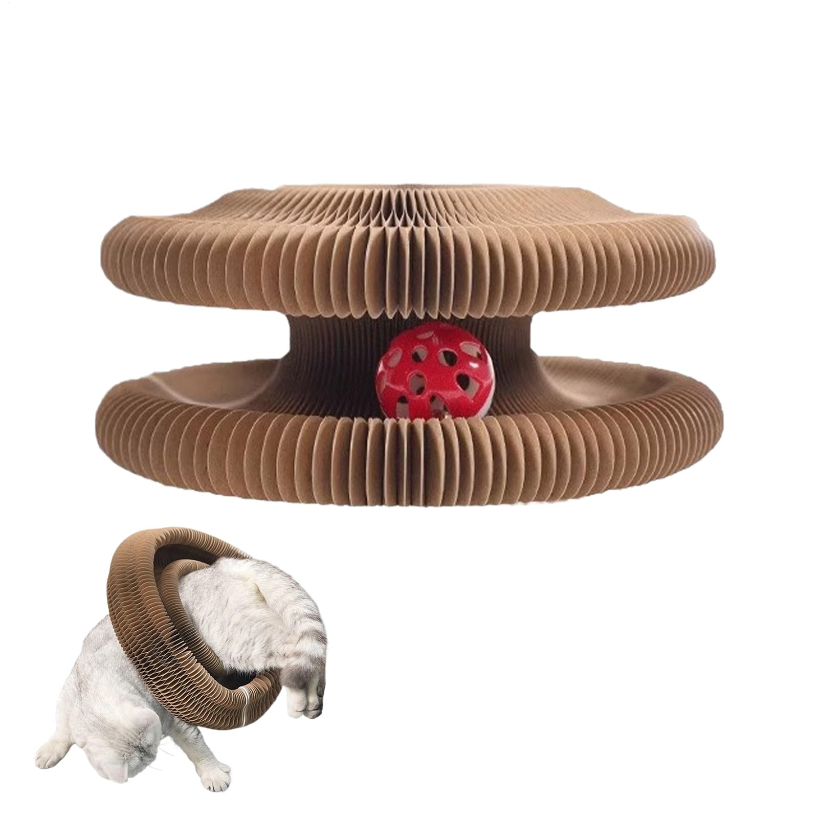 Cat Scratching Board, Accordion Cat Toy, Pet Enrichment Game, 9.45x9.45x4.33 Inches, Bell Ball Insert, Interactive Play, Foldable Shape Shifter Design for Small Medium Pets, Indoor Fun Time