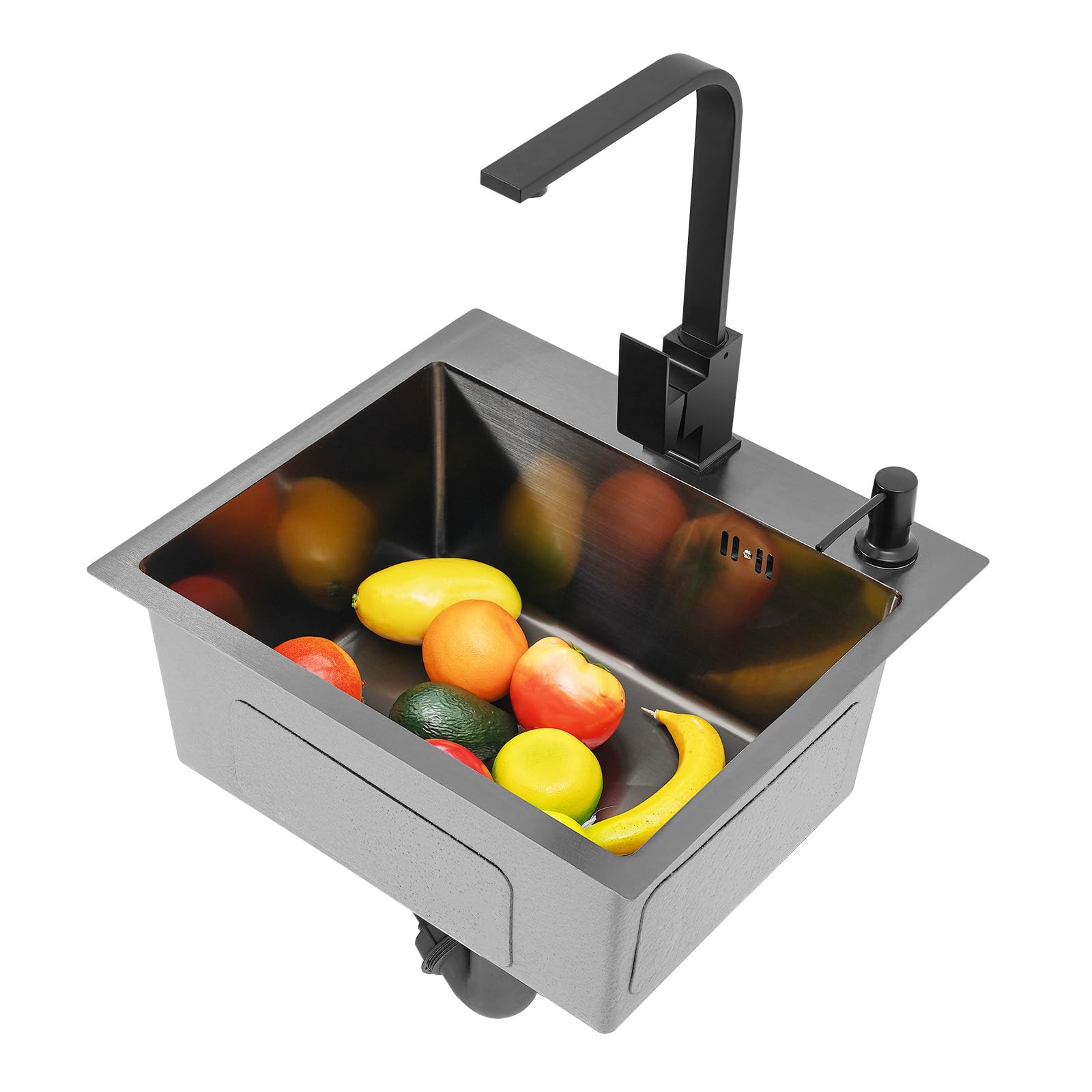 Fregadero de Cocina, Fregadero con Grifo Cocina 40 x 45 cm, Fregadero Cocina 1 Seno, Fregadero Acero Inoxidable Cuadrado, Fregadero Sobre Enrasado Negro Mate