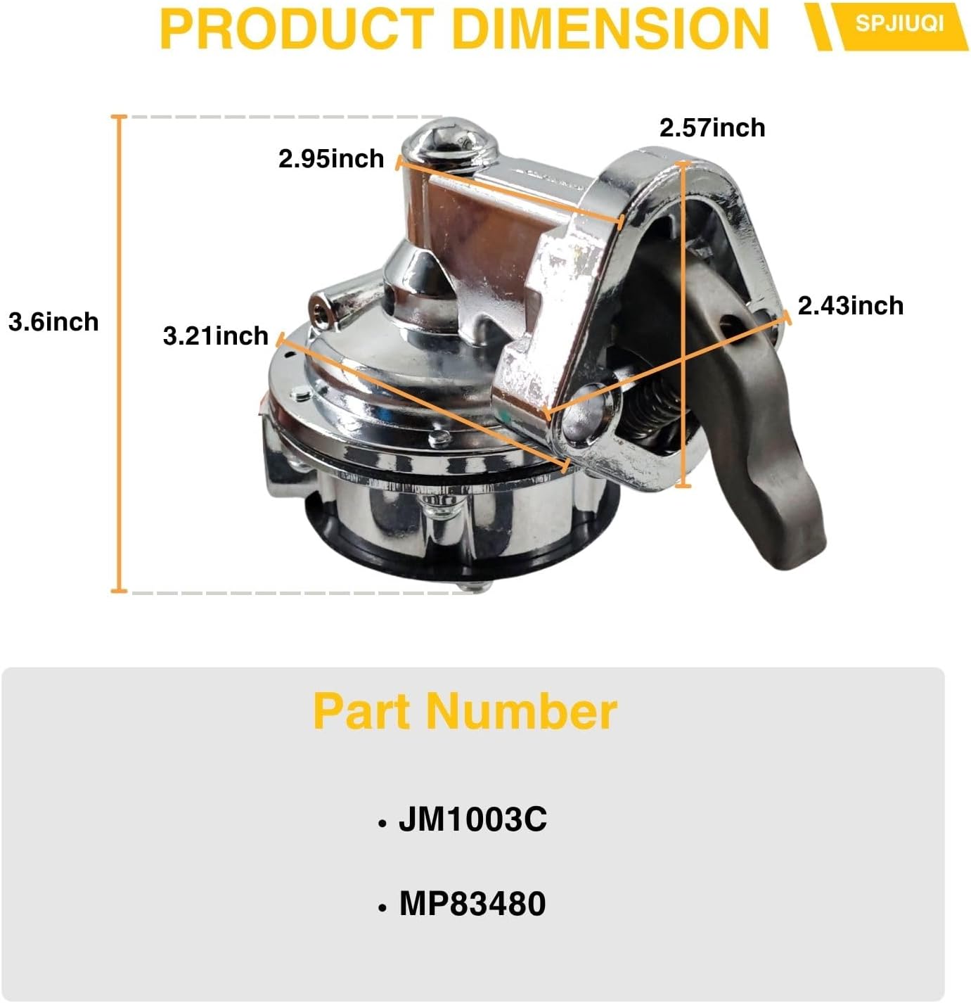 JM1003C Chrome High Volume Fuel Pump for SBC Chevy 305 327 350 400 | Fits for Small Block Chevy 265,283,305,307,327,350,400,409 V8, 80 GPH 6 PSI, 2 Valve, Replaces MP83480 Mechanical Fuel Pump
