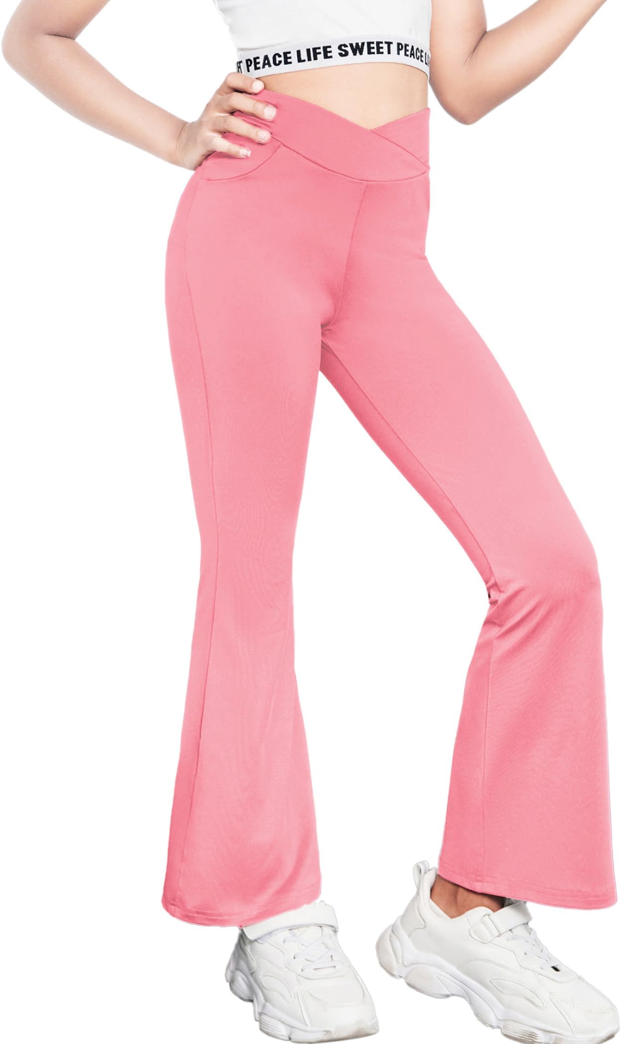 Zaclotre Girls Flare Leggings High Waisted V Crossover Casual Yoga Bell Bottoms with Pockets Pants for Kid