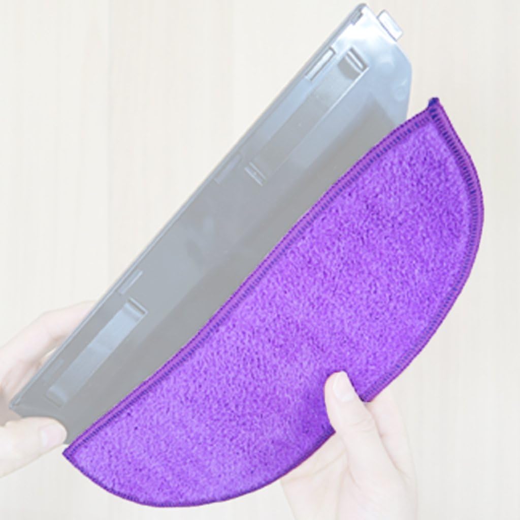 Hands attaching a purple microfiber mop pad to a grey mop tray