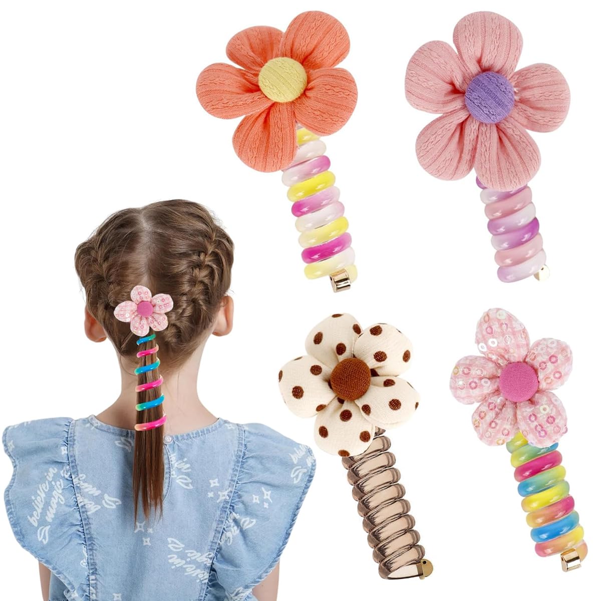 MAYCREATE® 4pcs Spiral Hair Ties for Girls Kids Cute Flower Braids Telephone Wire Hair Band for Kids Elastic Hair Tie Ponytail Holder Maker Hair Accessories for Girls Children Gift (B0D17V1P4M) Amazon Price History, Amazon Price Tracker