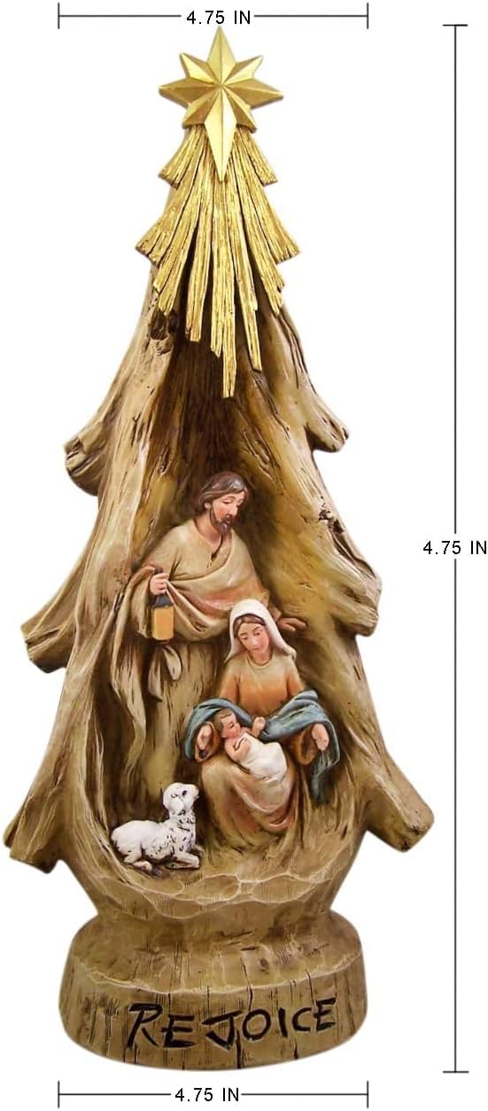 Christmas Nativity Tree 16.5”H Rustic Figurine Holy Family Statue with Carved Details & Golden Star of Bethlehem Religious Tabletop Christmas Decoration