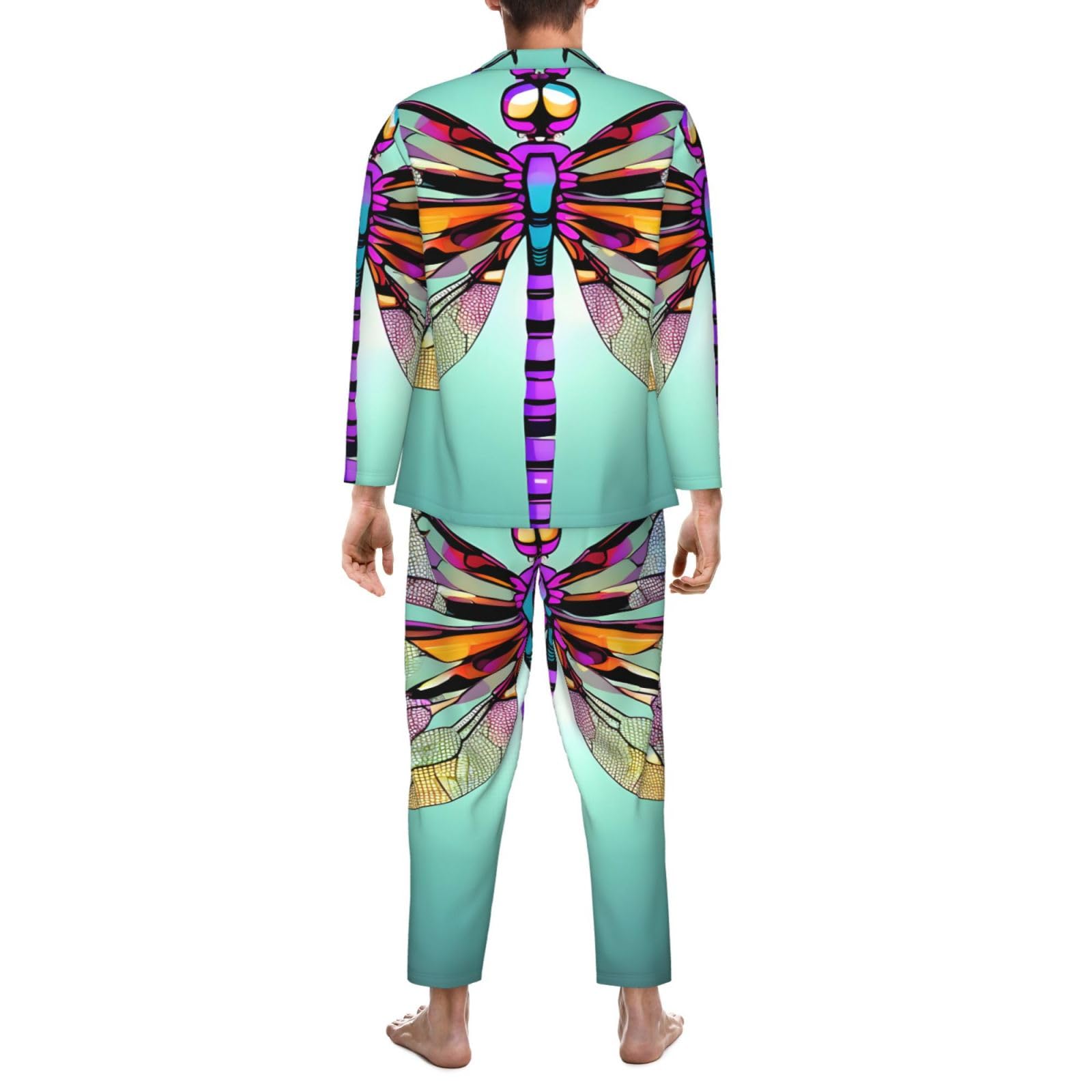 Herren-Pyjama-Set mit niedlichem Libellenmuster, langärmelig, zweiteilig, Hauskleidung, bequeme Nachtwäsche