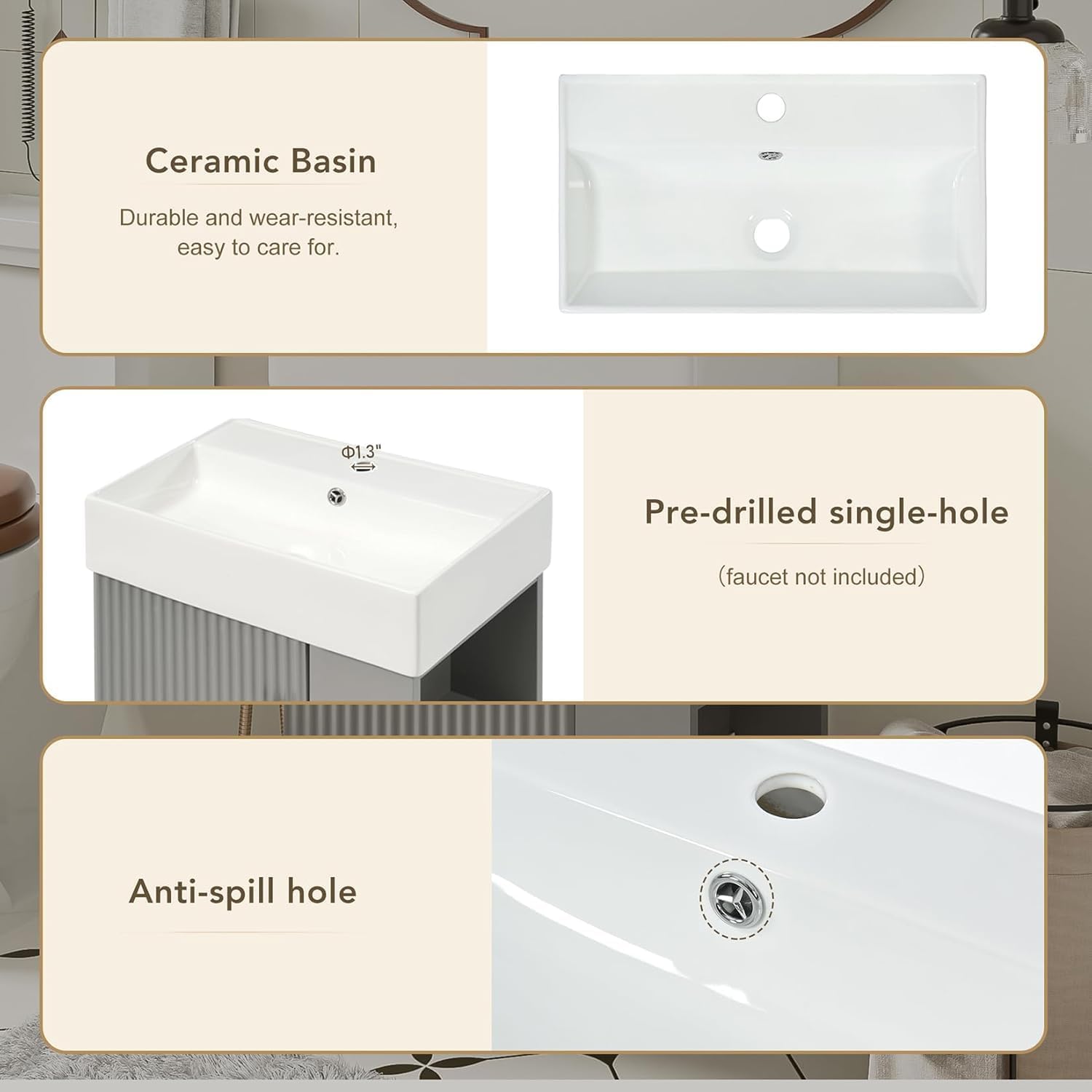 Virubi 21.6 in Floating Bathroom Vanity with Sink,Soft Closing Doors,Solid Wood Frame & MDF Modern Single Small Bathroom Vanity Cabinet with Open Shelf,Wall Mounted (Grey,Right Shelves)