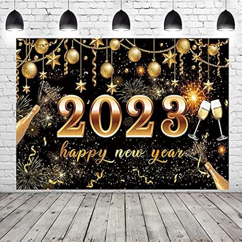 Black and Gold Happy New Year Backdrop Countdown Party Decoration Fireworks Family Party Supplies Celebration Vinyl Photography Background New Year Eve Christmas Eve Party Winter Holiday Festival Cover