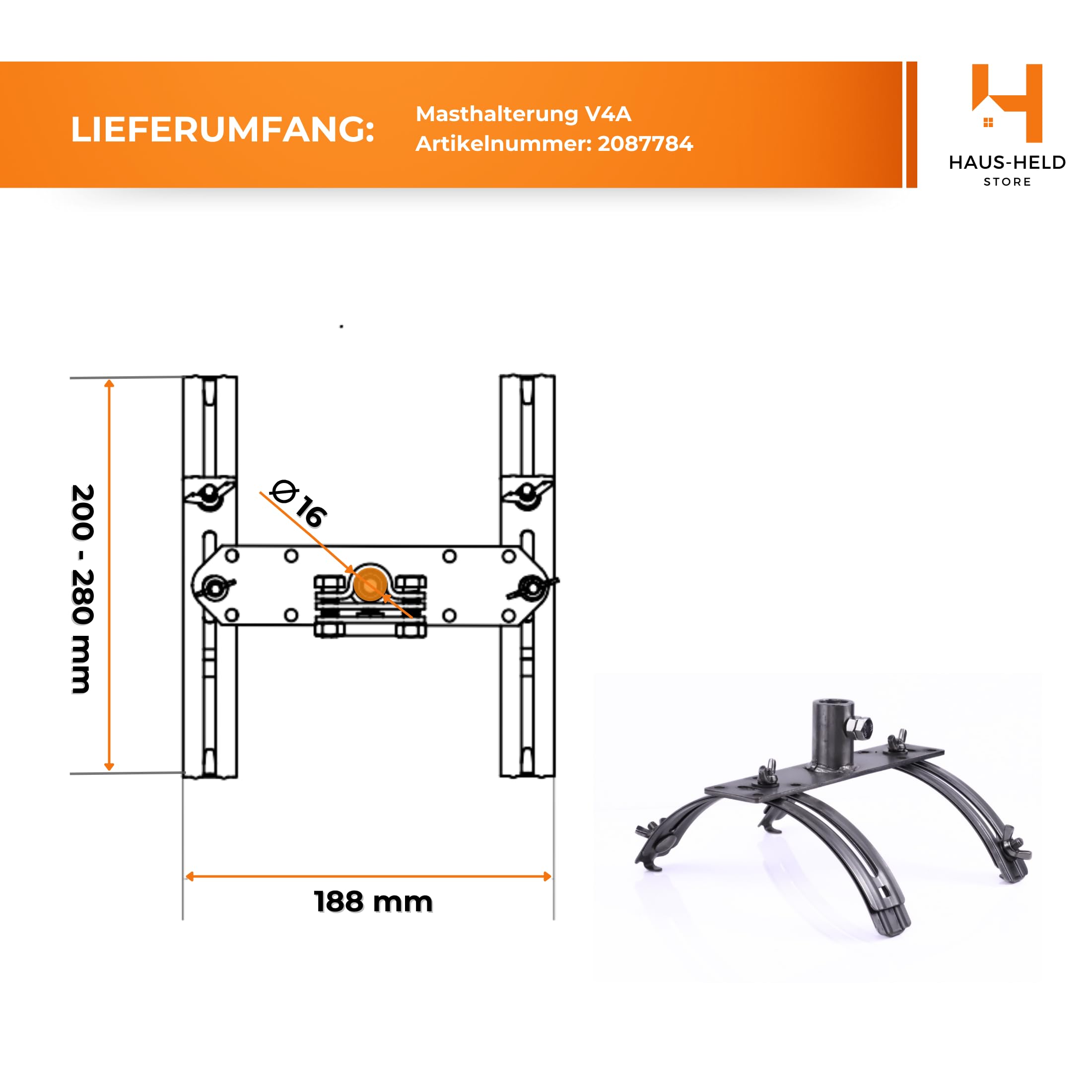 HausHeld® Mastbasis Firstziegel INOX V4A für Blitzschutzmast Ø16mm - H40mm L188mm - PN-EN 62561-4 - Klemmung ohne Bohren - 490g stabil