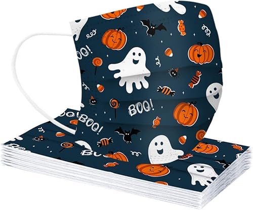 Miniatura 8 de Paquete de 50 mascarillas desechables de Halloween para adultos con estampado de calabaza, 3 capas transpirables de Halloween para mujeres y hombres