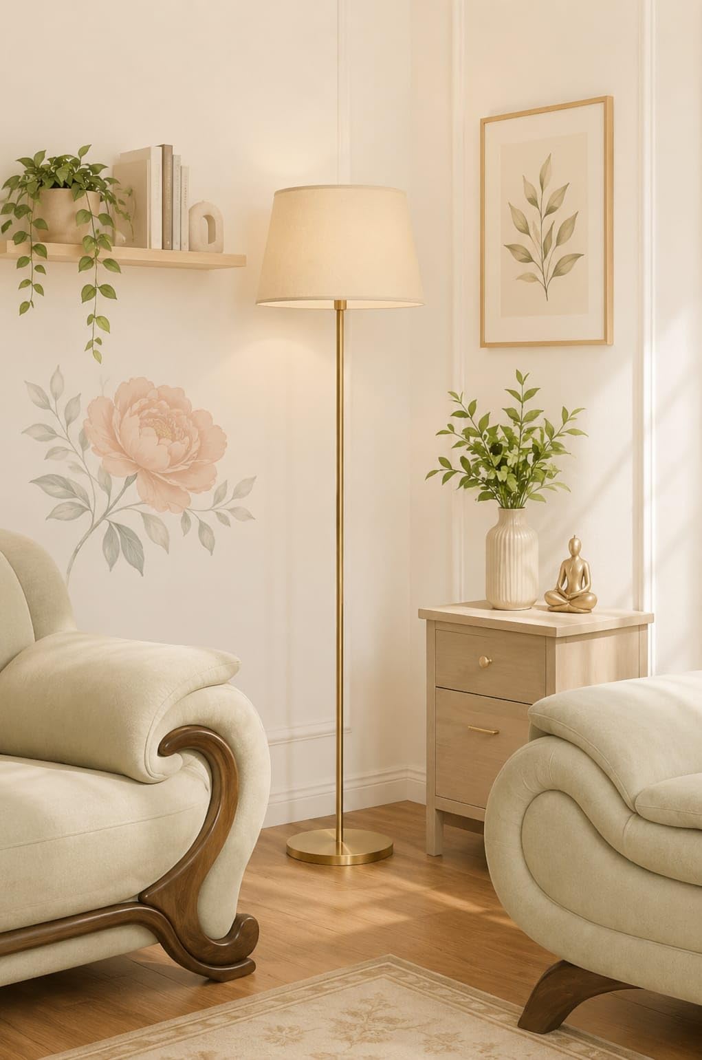 Floor Lamp LED, Incandescent Standing Modern Antique Golden Finish, 52-inch Off White Lampshade for Living Room Corner, House, Hotel, or Office, Pack of One-image-36