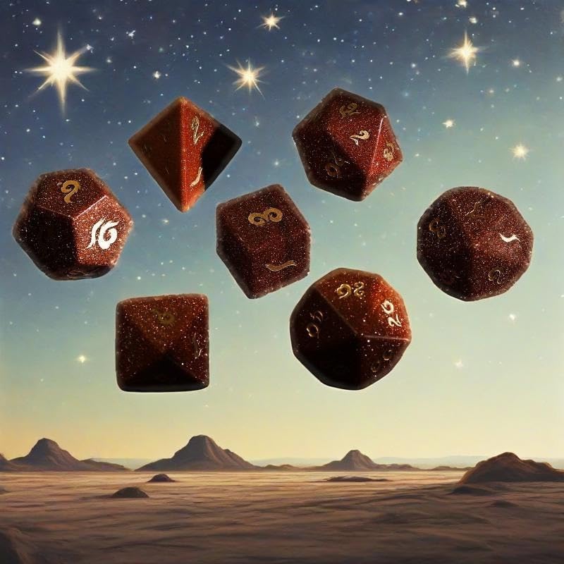 Zestaw kości Goldstone – ręcznie rzeźbione kości z kamieni szlachetnych D4 D6 D8 D10 D12 D20 percentyl lub 7 szt. zestaw wielościenny do DND i RPG stołowych (Sevensuit)