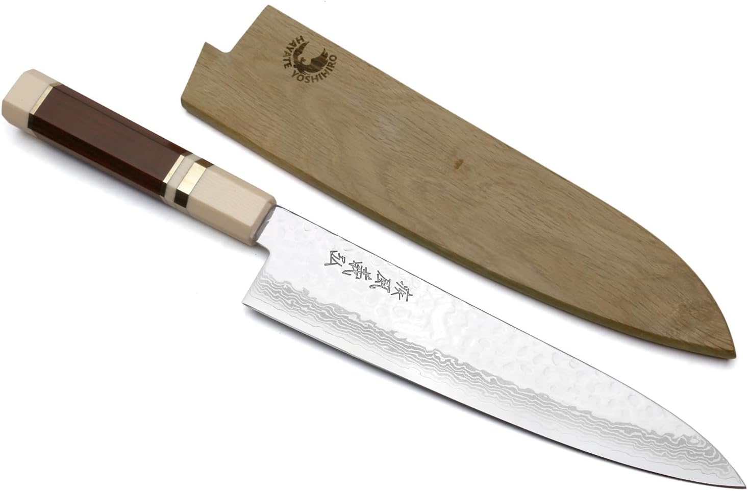 Yoshihiro VG10 46 Layers Hammered Damascus Gyuto Japanese Chefs Knife Octagonal Rosewood Triple Ring Handle (8.25" (210mm)