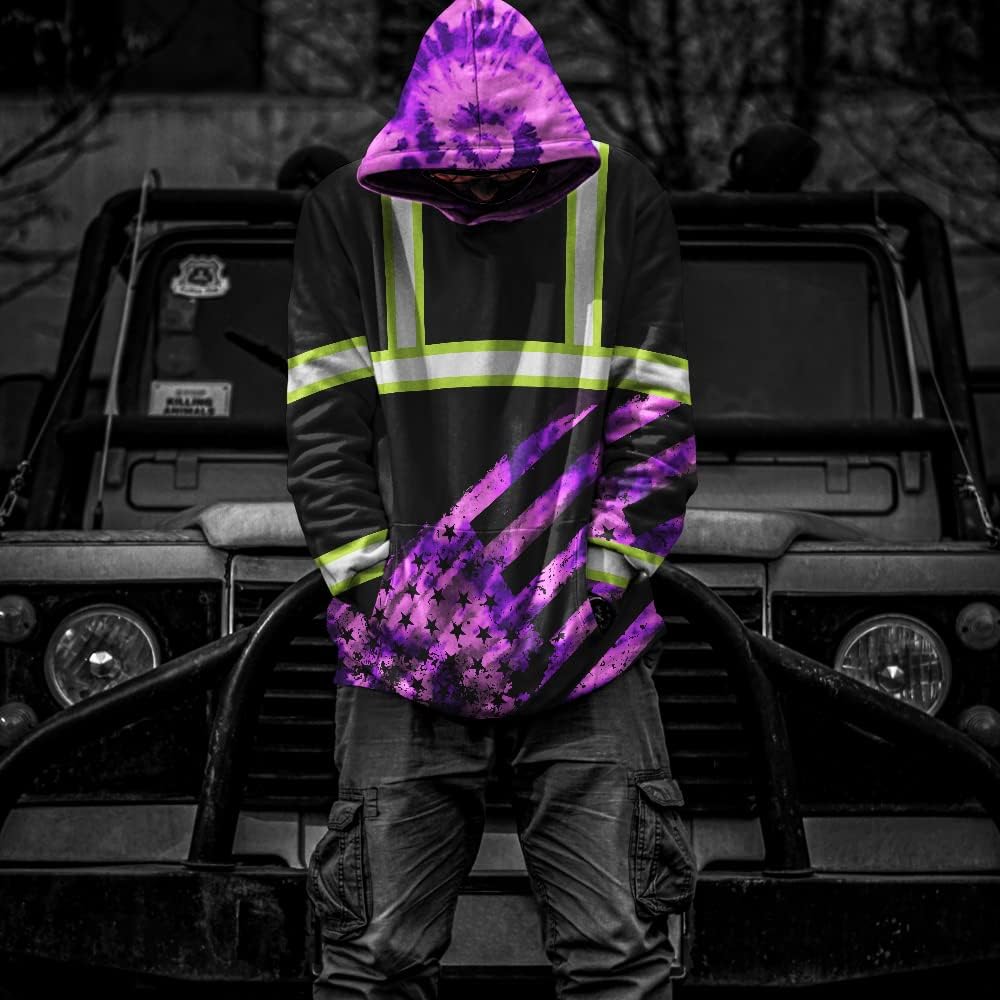 Tie Dye US Flag High Visibility Hoodie For Men Reflective Hoodie Safety Workwear For Workers Runners Patriotic