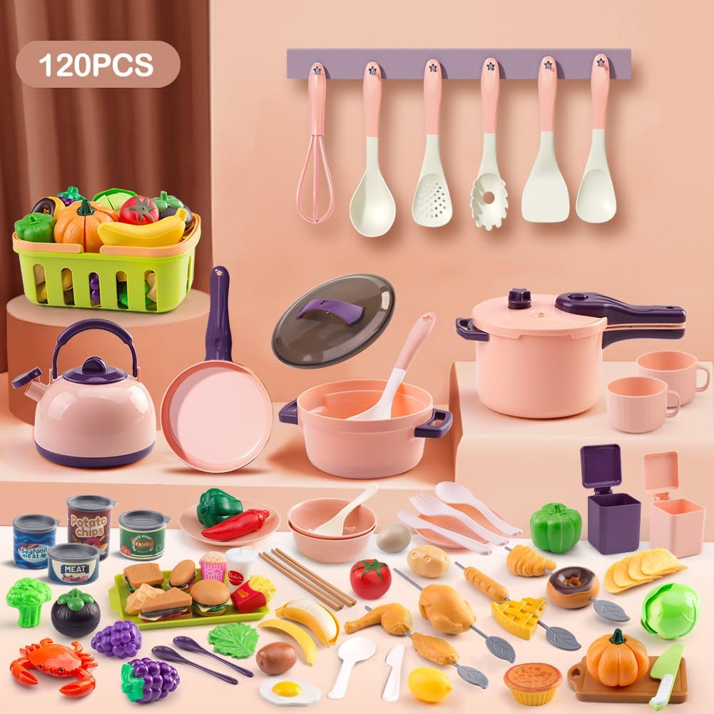 120Pcs Mini Play Kitchen Accessories, Kids Pretend Cooking Playset with Desserts, Cuttable Veggies & BBQ & Storage Basket, Educational Role-Play Gift for Toddlers, Child, Pink - Image 2